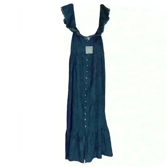 NWT Boutique Sweetheart Flutter-Sleeve Denim Buttondown Dress LP - Picture 2 of 6